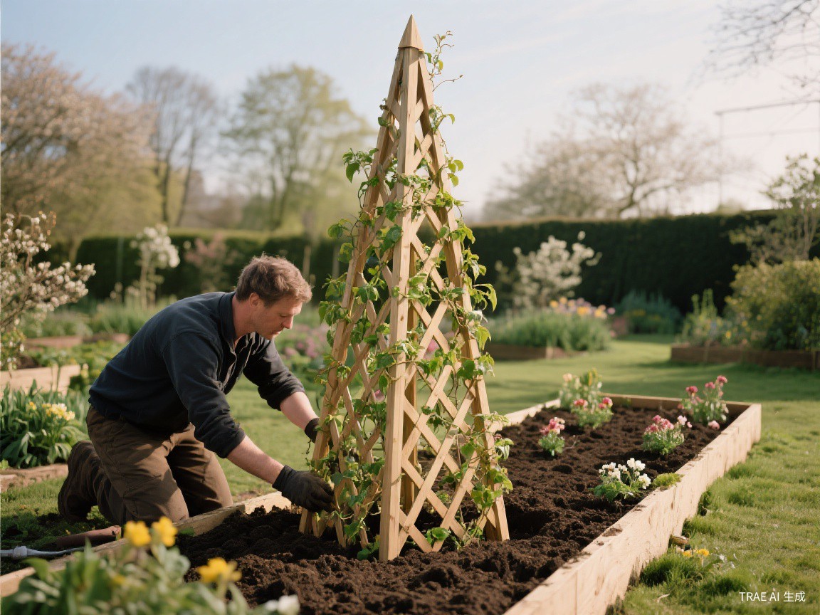 Installing garden obelisk in flower bed